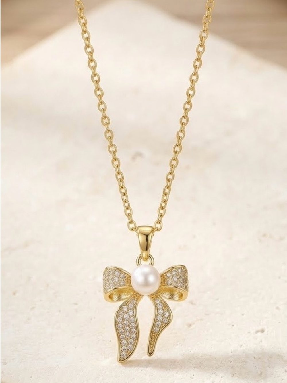 Adina Eden Gold Bow Pendant Necklace with Pearl 18 Inches In Length
